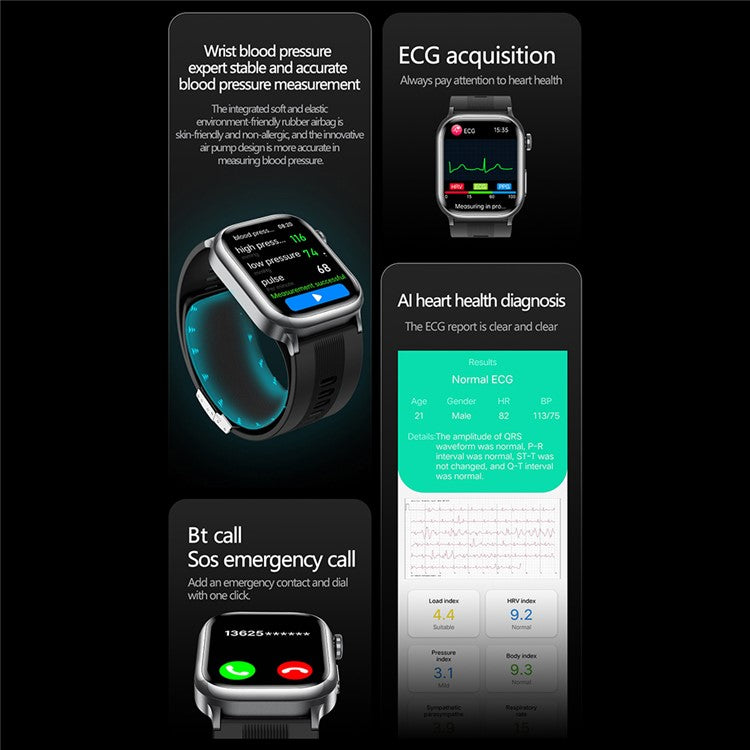 TK66 Smart Watch Blodtrycks-EKG-hälsomonitor Bluetooth-kompatibel samtal SOS Emergency Alert Watch