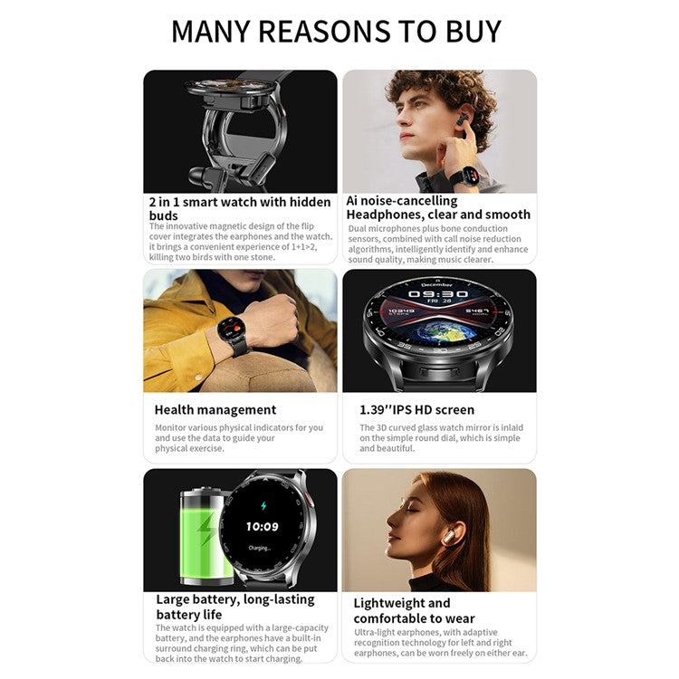 T97 2 i 1 Smart Watch med trådlösa hörsnäckor Bluetooth-kompatibla samtalshälsoövervakning Sport Vattentät klocka
