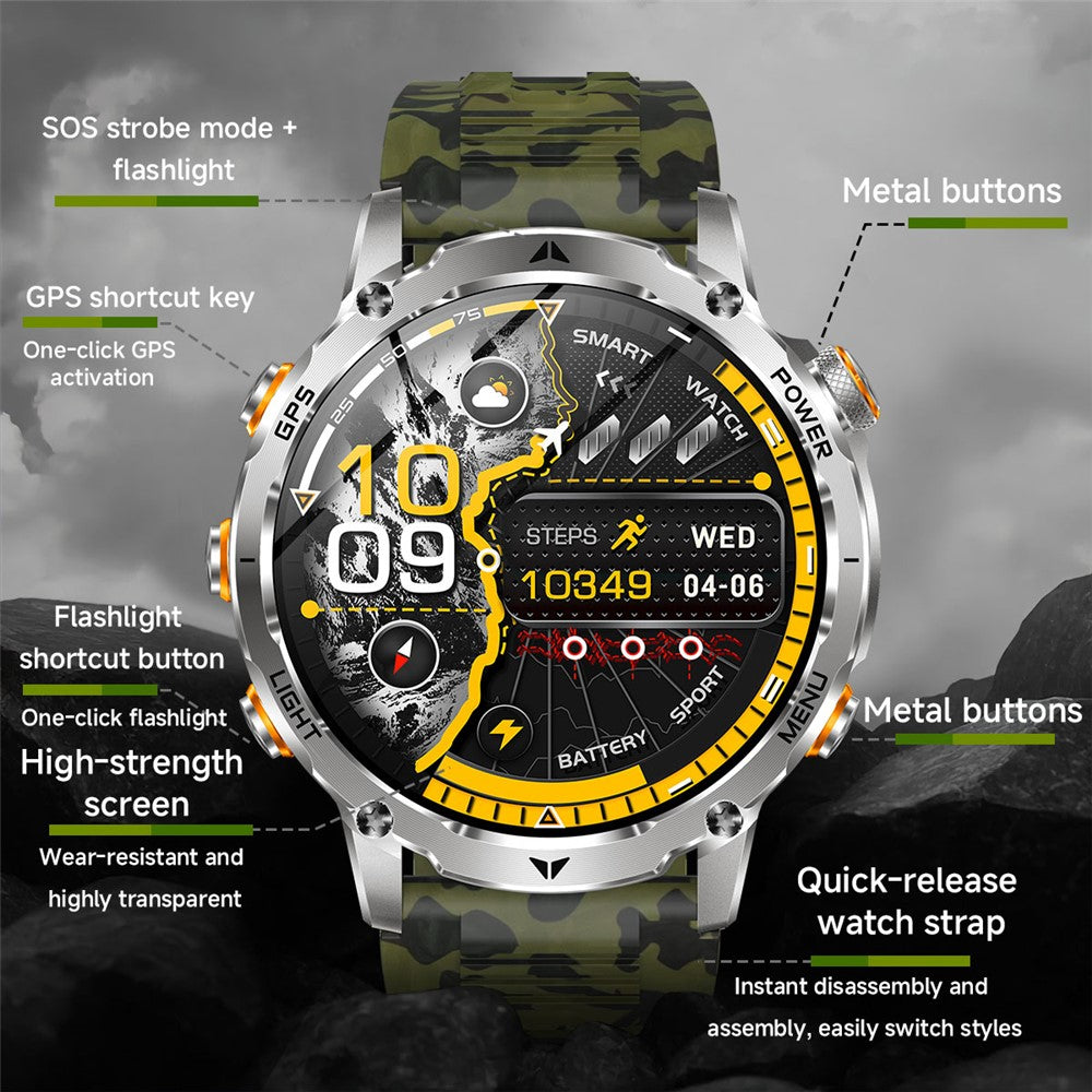 AK102 Camouflage Silicone Strap Smart Watch 1.7 Inch Screen Bluetooth-compatible GPS Positioning Call Health Monitor Large Battery Outdoor Sports Watch