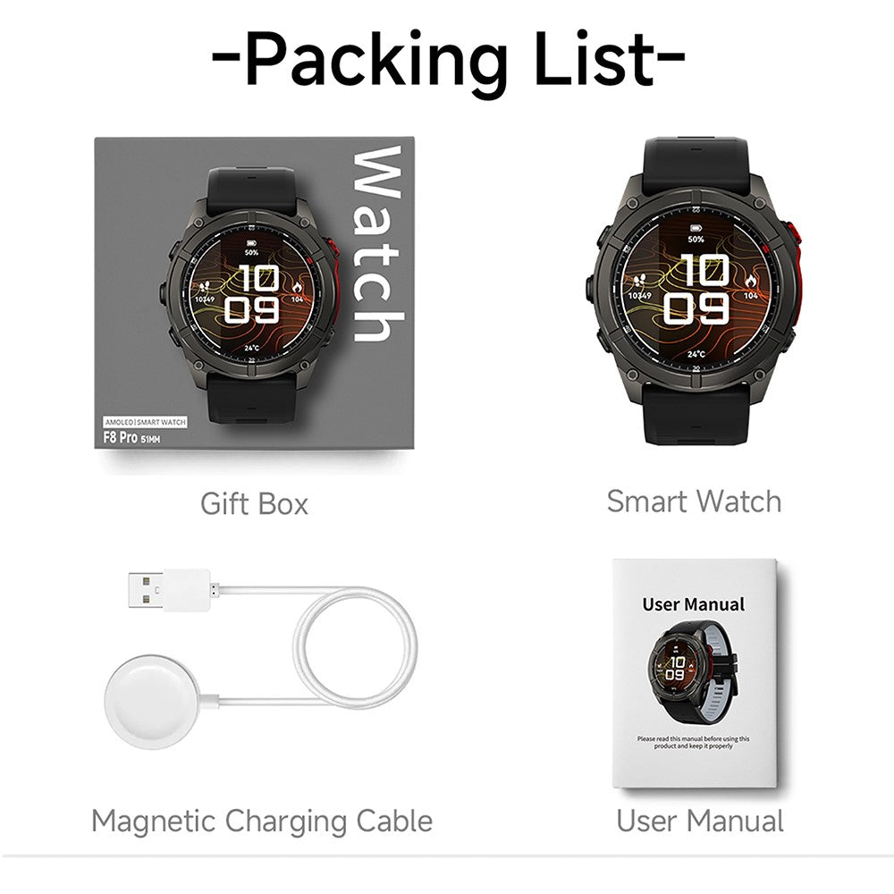F8 Pro Outdoor Smart Watch 1.43 Inch AMOLED 530mAh 5ATM Waterproof LED Flashlight Health Monitor for Sports