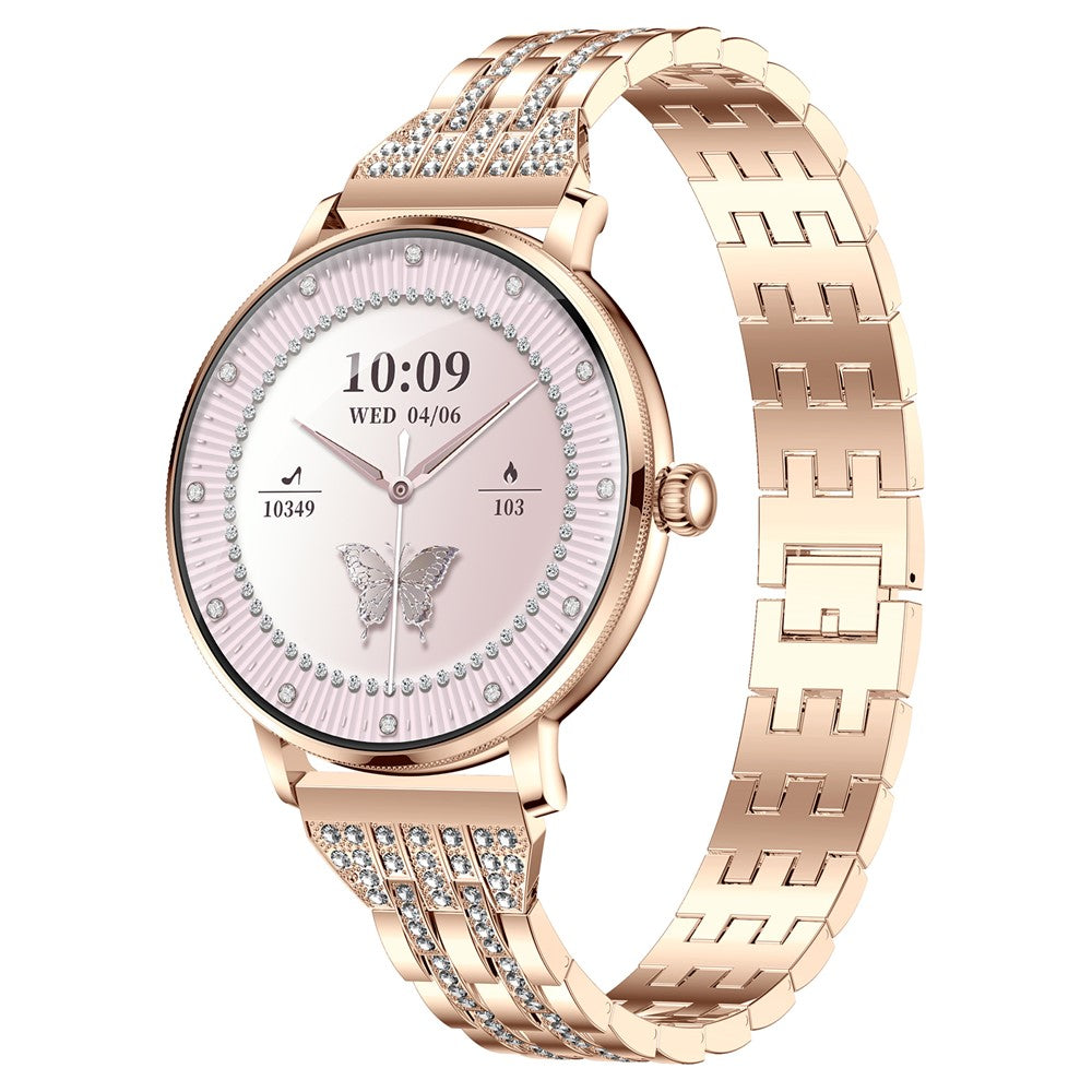 AK107 Women Smart Watch 1.19 inch AMOLED Health Monitor Bluetooth-compatible Calling, Rhinestone+Steel Strap