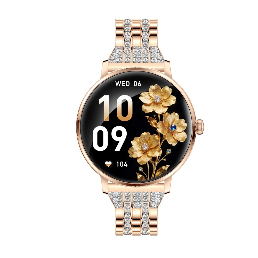 AK107 Women Smart Watch 1.19 inch AMOLED Health Monitor Bluetooth-compatible Calling, Rhinestone+Steel Strap