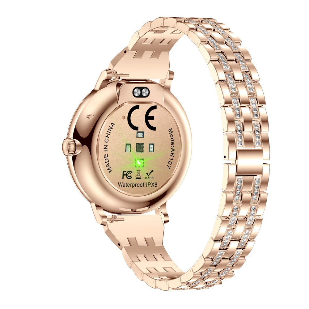 AK107 Women Smart Watch 1.19 inch AMOLED Health Monitor Bluetooth-compatible Calling, Rhinestone+Steel Strap