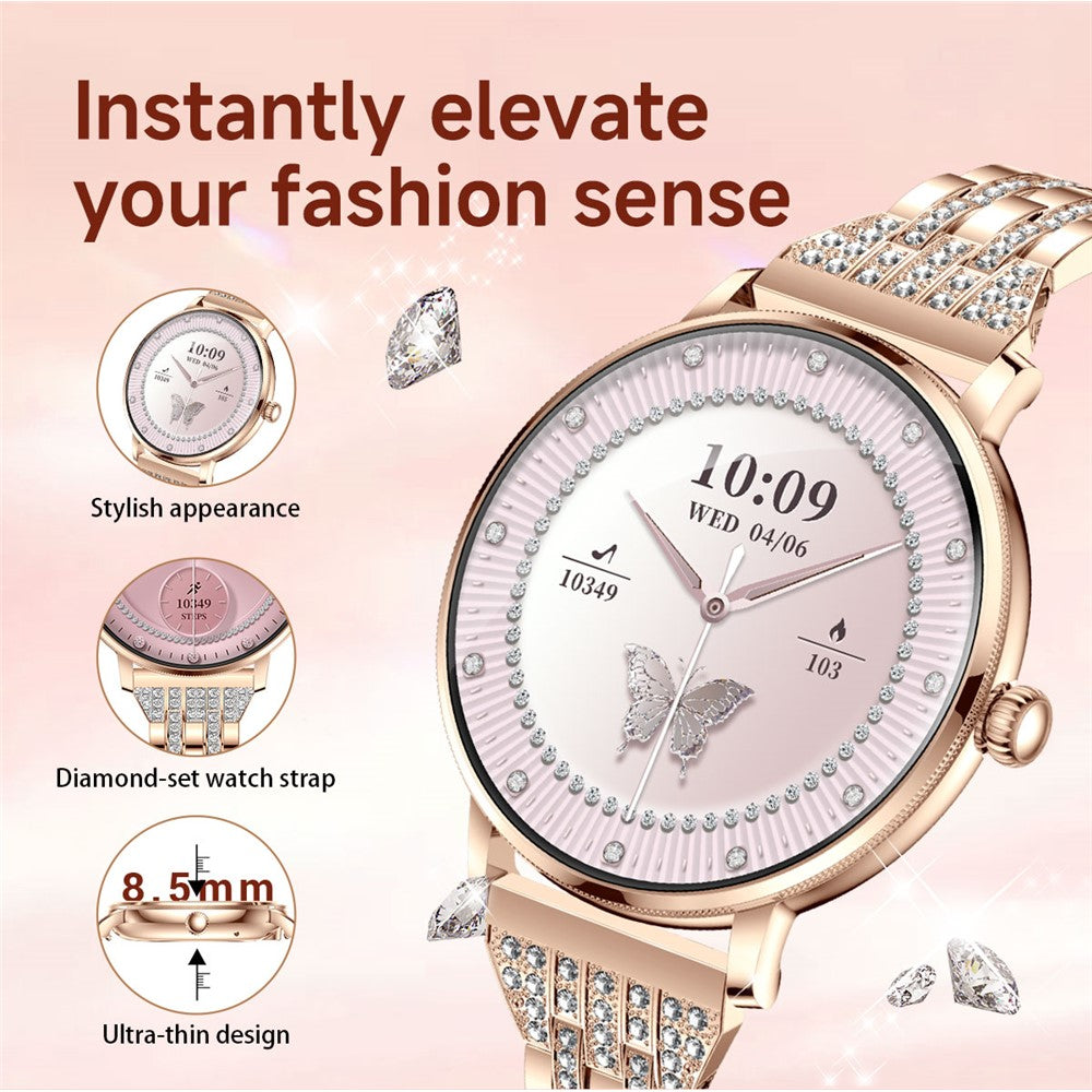 AK107 Women Smart Watch 1.19 inch AMOLED Health Monitor Bluetooth-compatible Calling, Rhinestone+Steel Strap