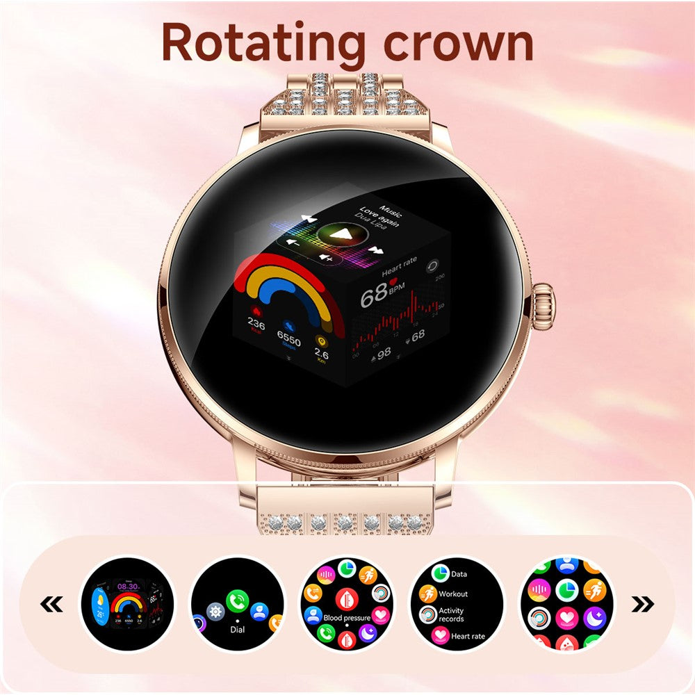 AK107 Women Smart Watch 1.19 inch AMOLED Health Monitor Bluetooth-compatible Calling, Rhinestone+Steel Strap