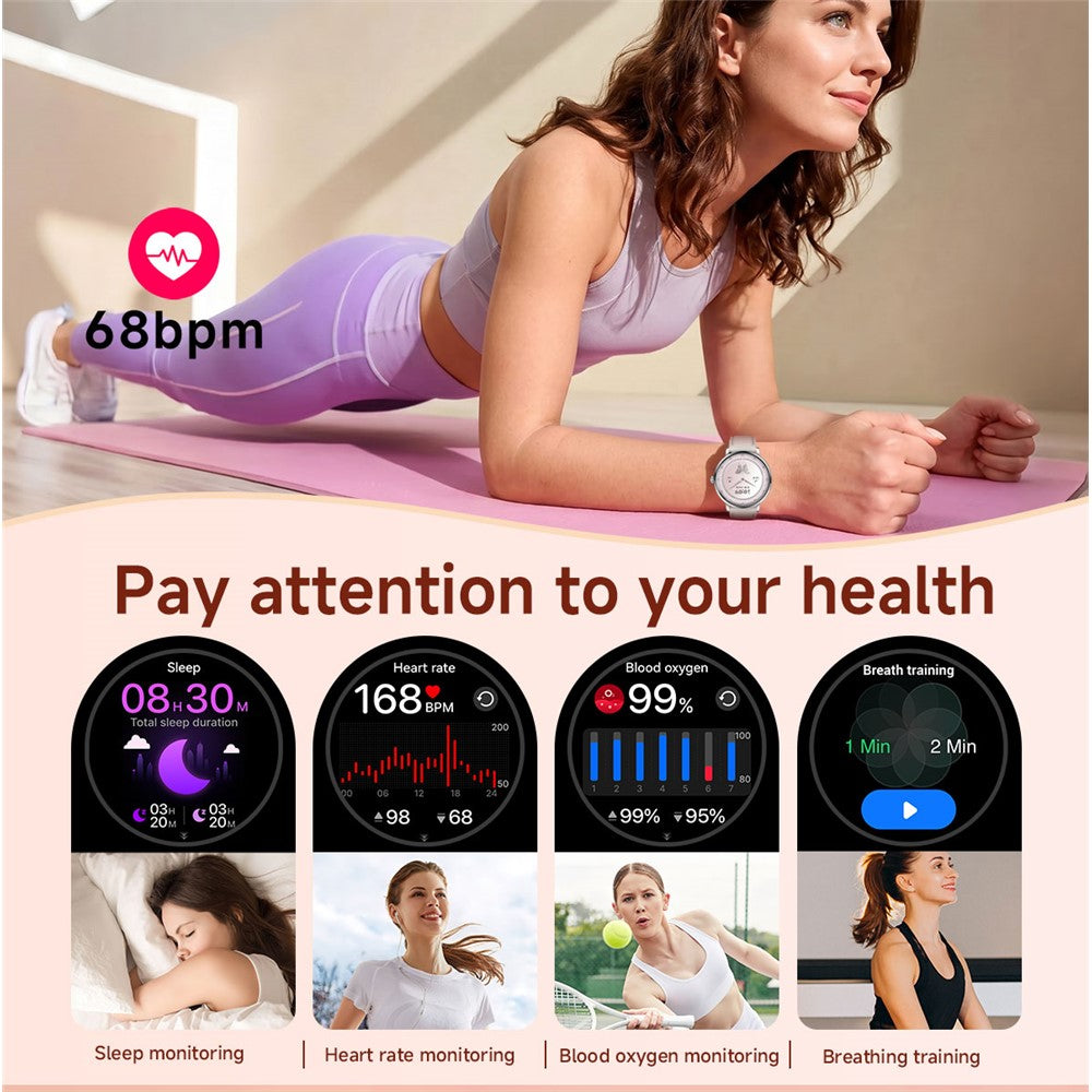 AK107 Women Smart Watch 1.19 inch AMOLED Health Monitor Bluetooth-compatible Calling, Rhinestone+Steel Strap