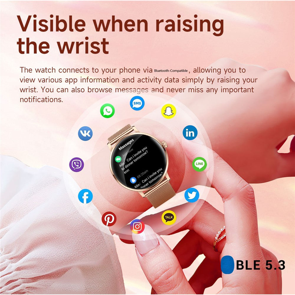 AK107 Women Smart Watch 1.19 inch AMOLED Health Monitor Bluetooth-compatible Calling, Rhinestone+Steel Strap