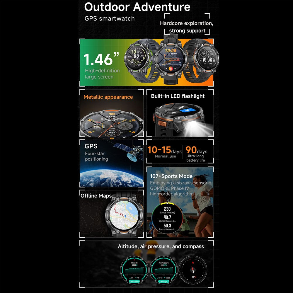 KC108 Smart Outdoor Sports Watch 1.46 inch HD Display GPS Bluetooth-Compatible Calling Heart Rate SpO2 Monitor