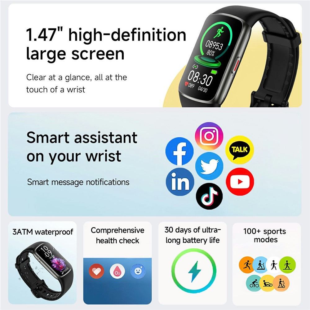 FT55 Smart Watch 1.47 Inch TFT Touchscreen 123 Sports Modes Health Monitoring 3ATM Waterproof