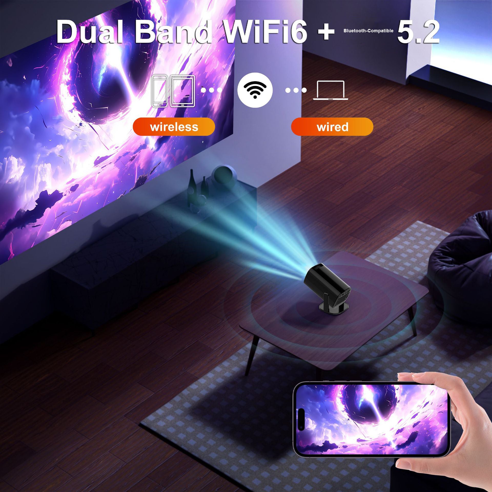 V1 Smart Video Projector Android 14 Automatic Keystone Correction WiFi / Bluetooth-compatible Home Theater, 1+8GB
