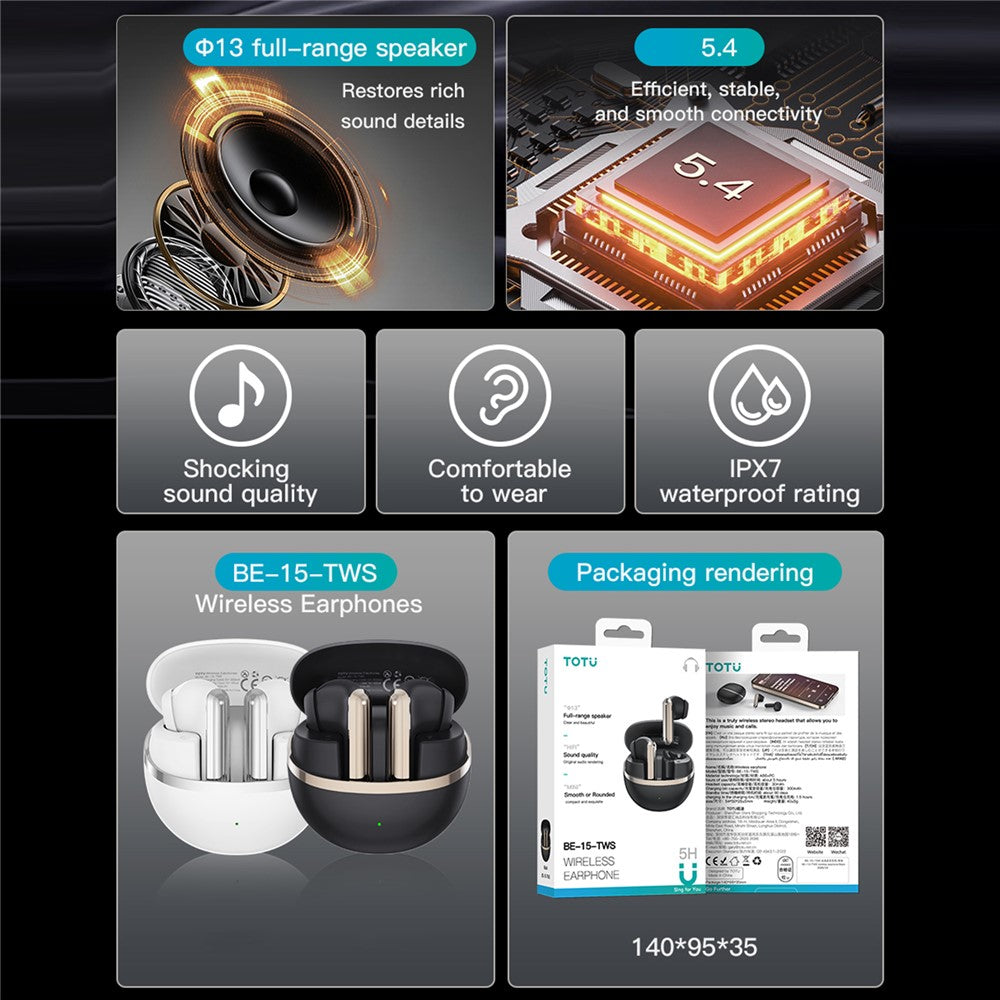 TOTU BE-15-TWS Bluetooth-Compatible TWS Earphones HiFi Sound IPX7 Waterproof Earbuds