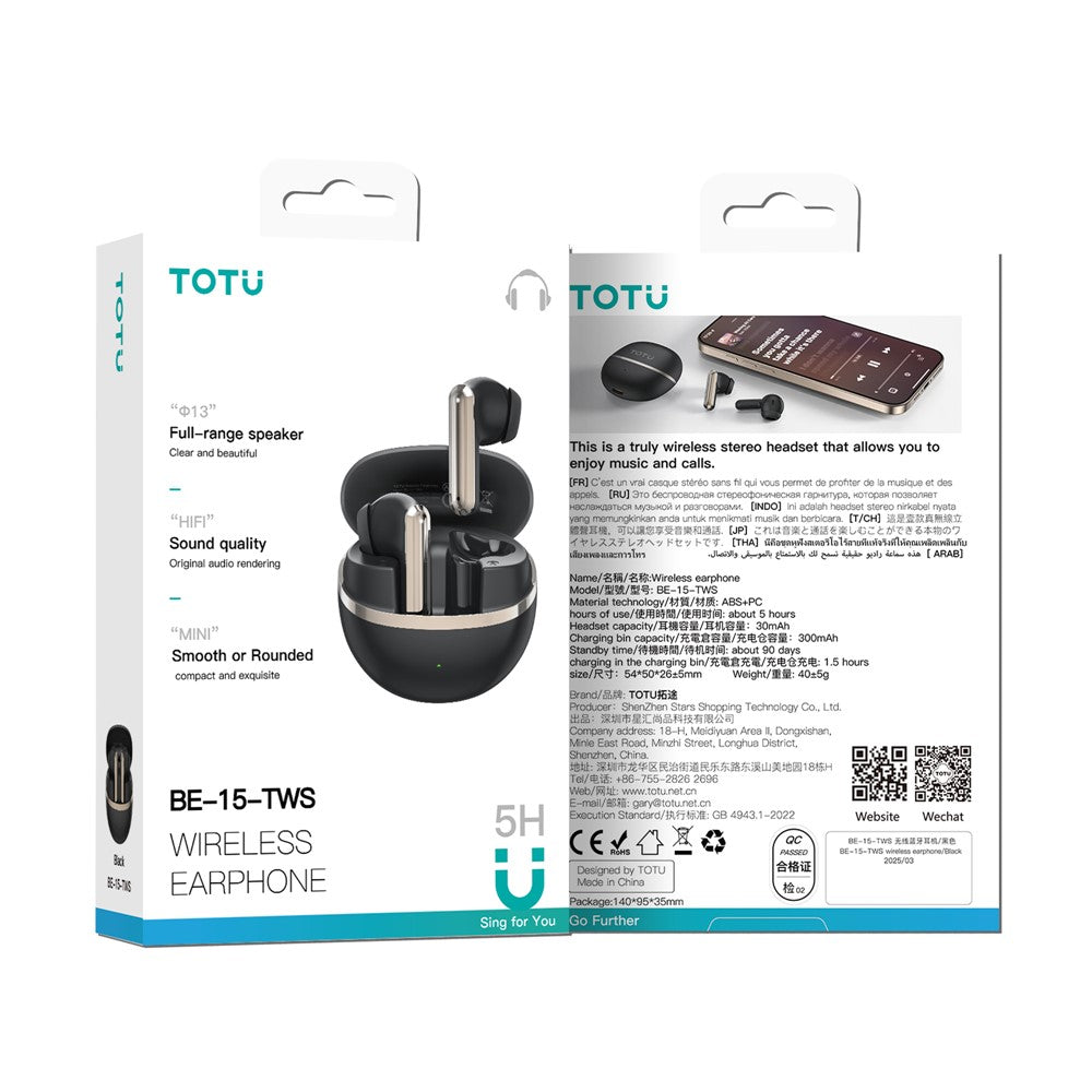 TOTU BE-15-TWS Bluetooth-Compatible TWS Earphones HiFi Sound IPX7 Waterproof Earbuds