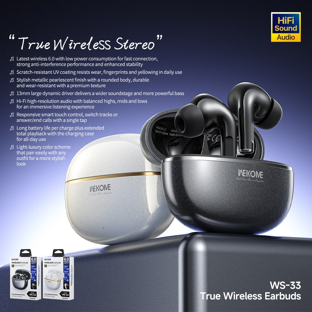 WEKOME WS-33 Wireless Bluetooth-compatible Earbuds 13mm Drivers Hi-Fi Audio Touch Control In-Ear Earphones for Music