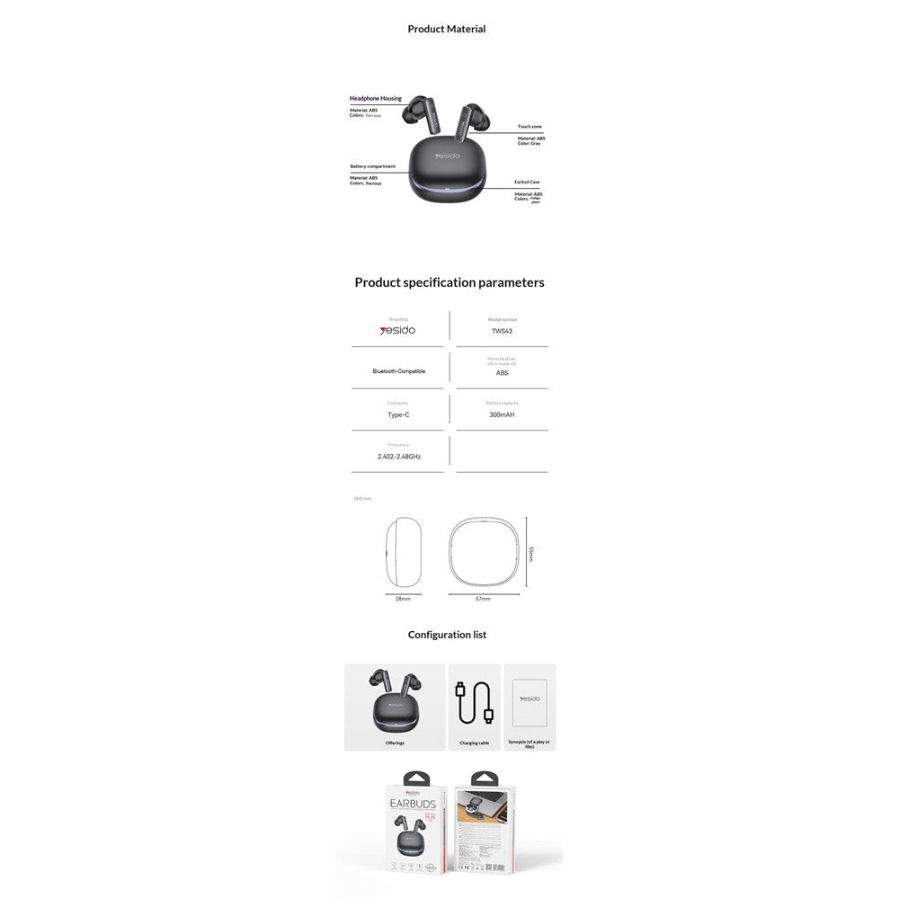 YESIDO TWS43 Bluetooth-compatible 6.0 Earbuds ANC ENC Noise Cancelling TWS Earphones for Music Call