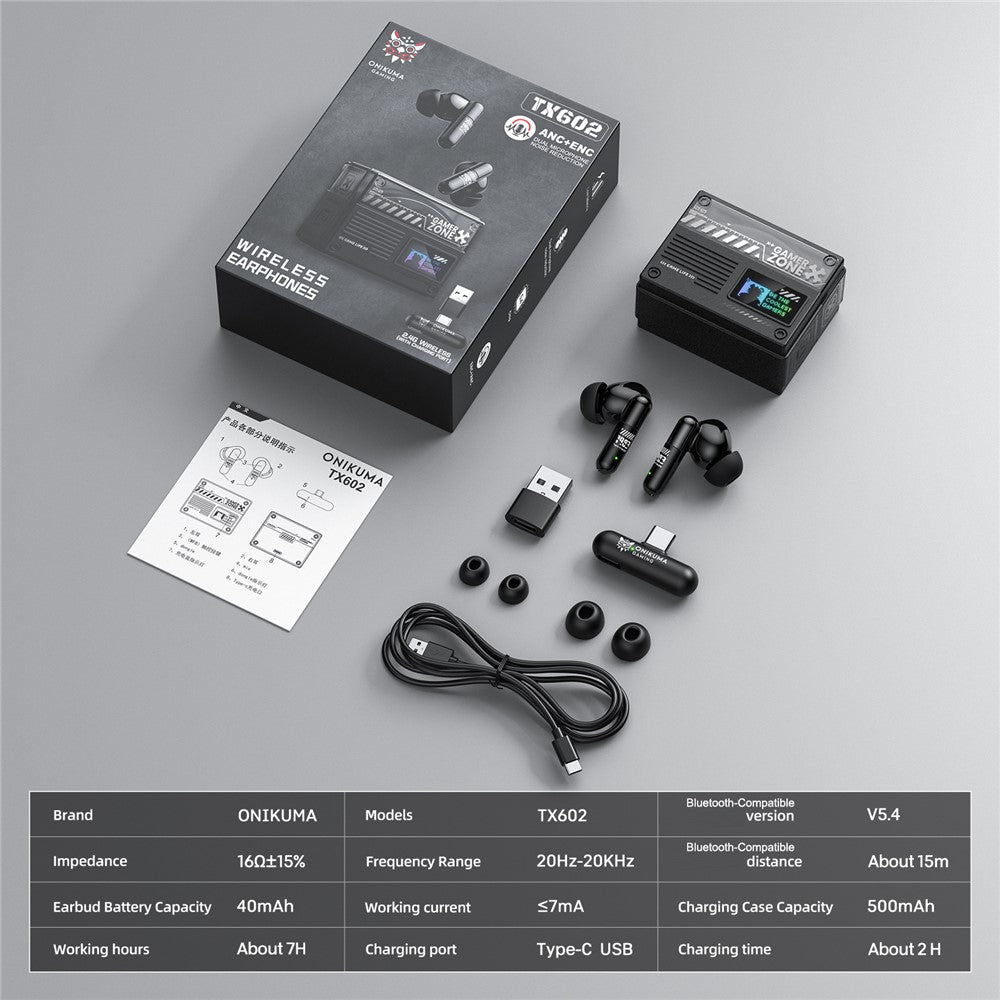 ONIKUMA TX602 Tri-Mode Bluetooth-compatible Gaming Earbuds ANC+ENC Noise Reduction with OLED Display Charging Case