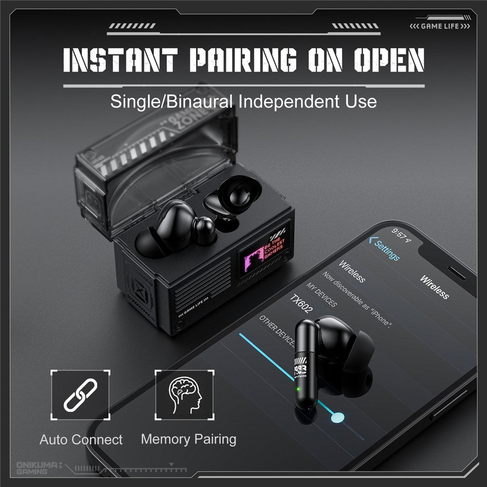 ONIKUMA TX602 Tri-Mode Bluetooth-compatible Gaming Earbuds ANC+ENC Noise Reduction with OLED Display Charging Case