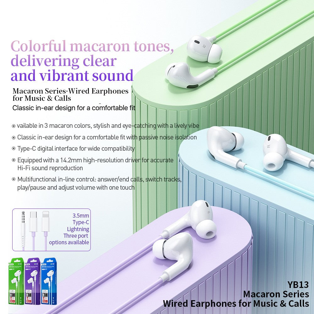 WEKOME YB13 Macaron Series Type-C Wired Earphone 10mm HiFi Sound In-Ear Headphone for Music Calls