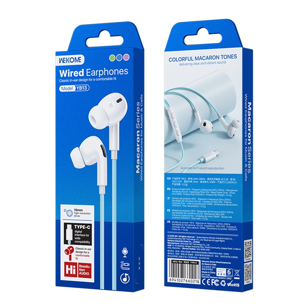 WEKOME YB13 Macaron Series Type-C Wired Earphone 10mm HiFi Sound In-Ear Headphone for Music Calls