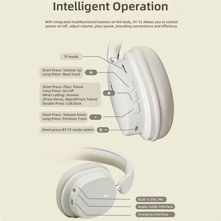 SY-T2 Wireless Over-Ear Bluetooth-compatible Headphone Foldable Headset with Built-In Noise Cancelling Microphon