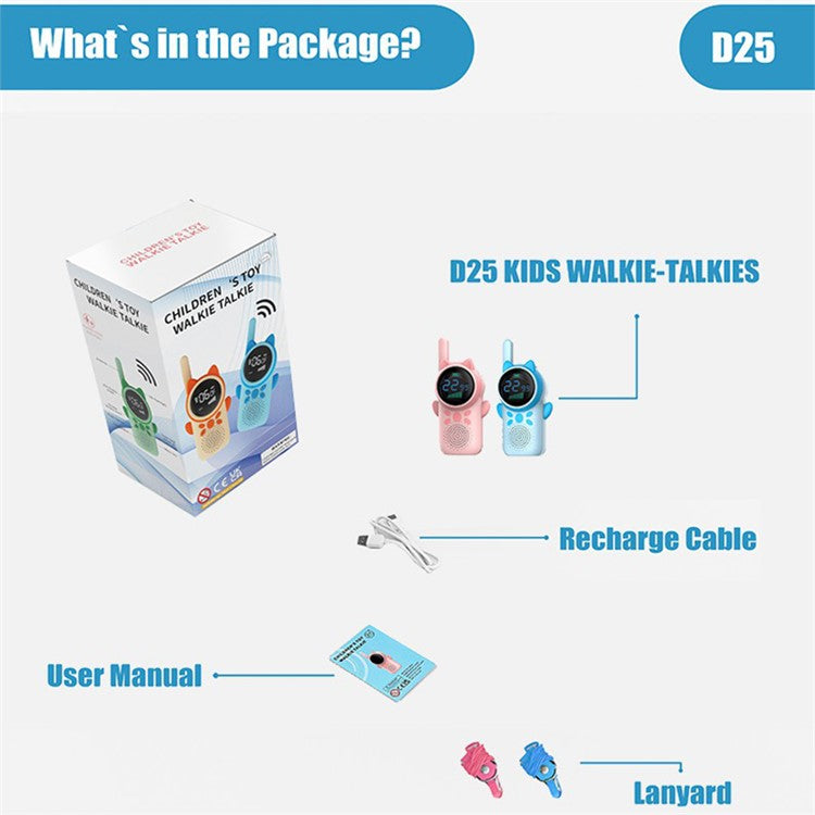 D25 1 Pair 1.5-inch Color Screen Children Walkie Talkies 3km Range Handheld Radio Interphon