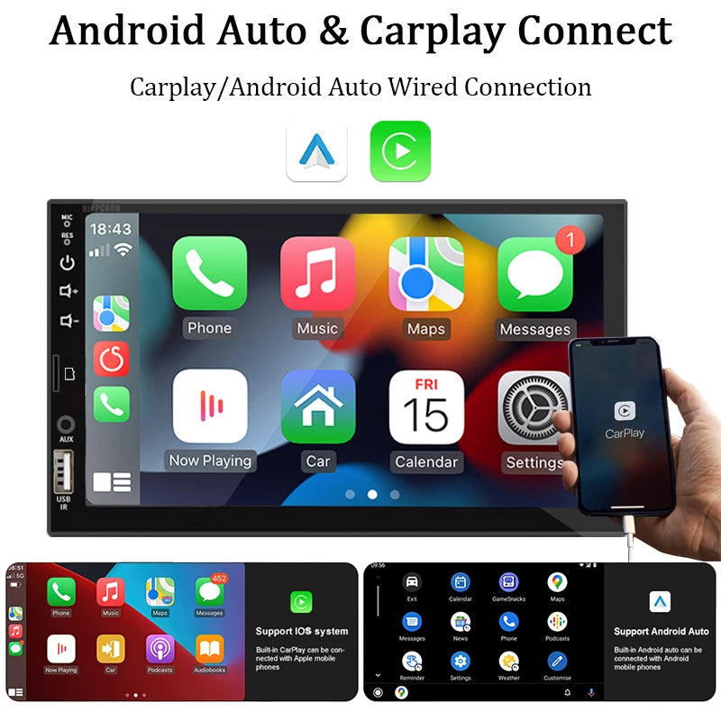 7“ Car Radio 1 Din Carplay Android Auto Multimedia Player HD Touch Screen FM AUX Input Bluetooth MirrorLink Universal Autoradio