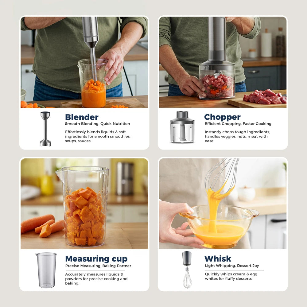 Hand Immersion Blender 1000W Powerful 4-in-1,Stainless Steel Stick Food Mixer,700ml Mixing Beaker,500ml Processor,Whisk
