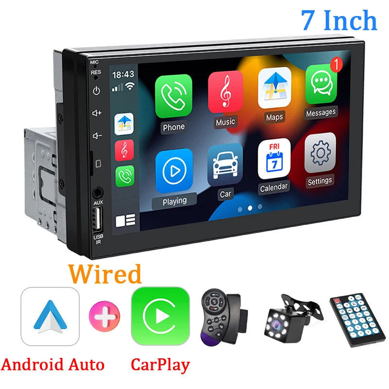 7“ Car Radio 1 Din Carplay Android Auto Multimedia Player HD Touch Screen FM AUX Input Bluetooth MirrorLink Universal Autoradio