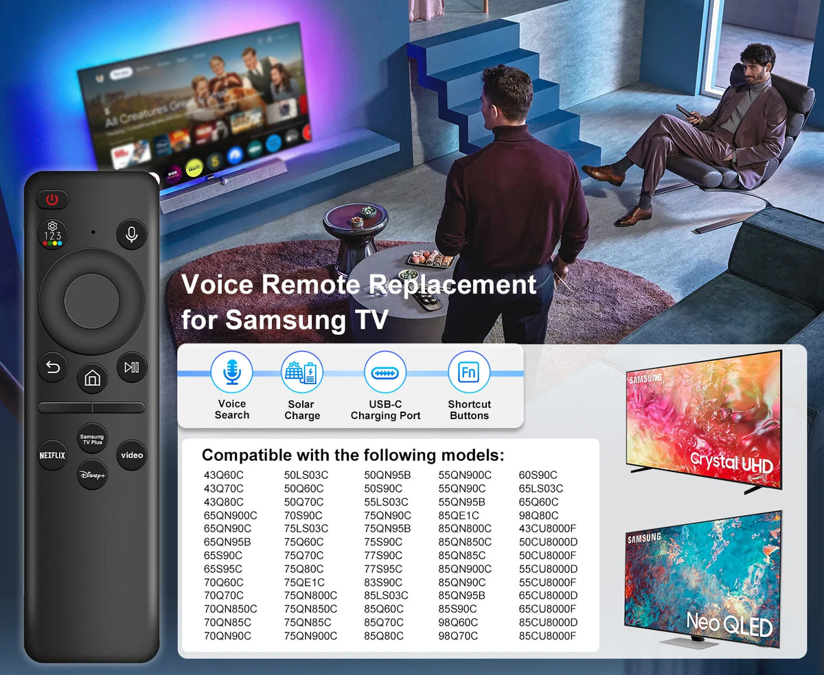Solar Voice Remote Control for Samsung Smart TVs 2019-2024 Neo QLED OLED Smart TV Charging Replacement Voice Remote