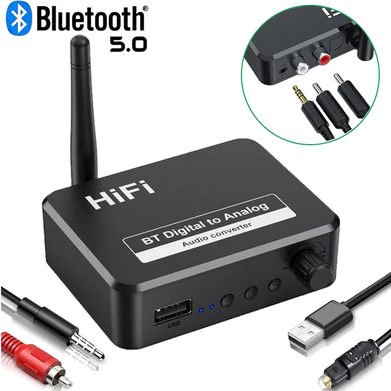 Digital till analog ljud-DAC-konverteradapter 3.5mm 3.5 AUX Jack RCA L/R Bluetooth 5.0 Receiver