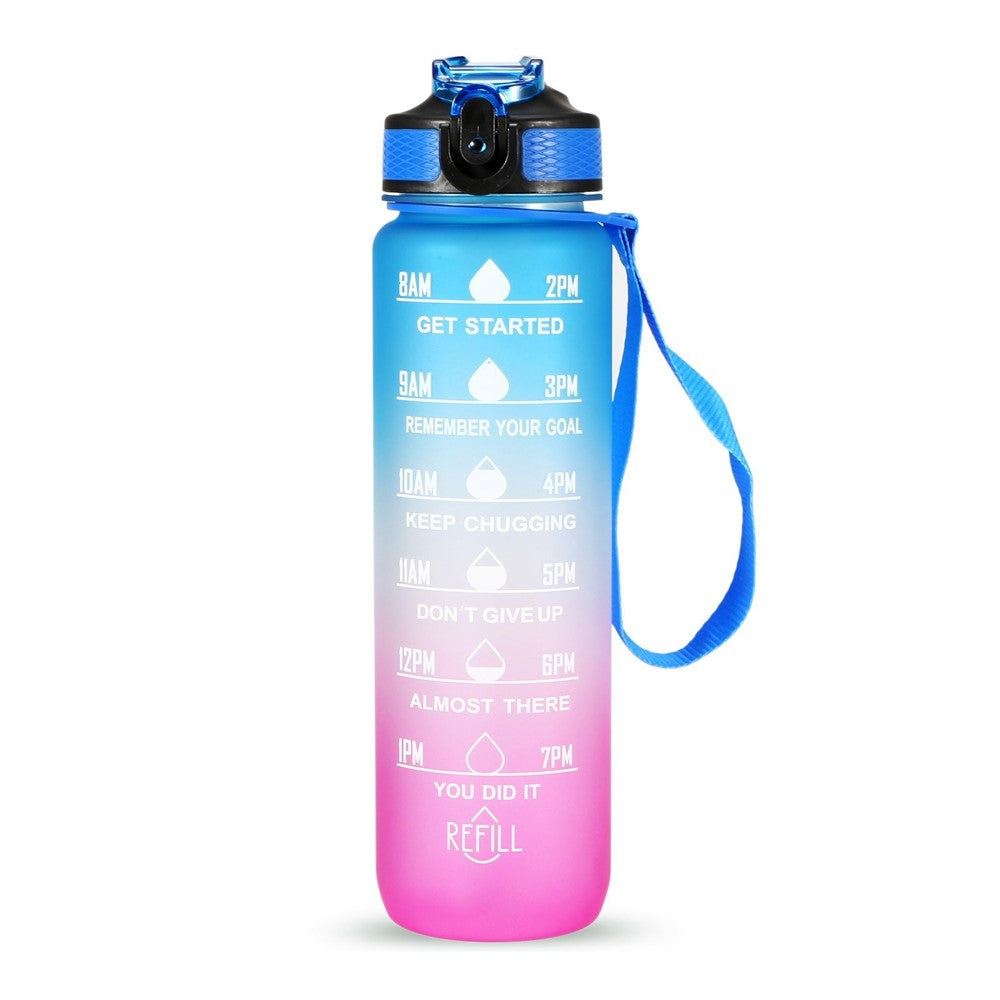 1L Sports Water Bottle with Time Marker Water Jug Leak proof Drinking Kettle for Office School Camping (without FDA Certificate, BPA Free)