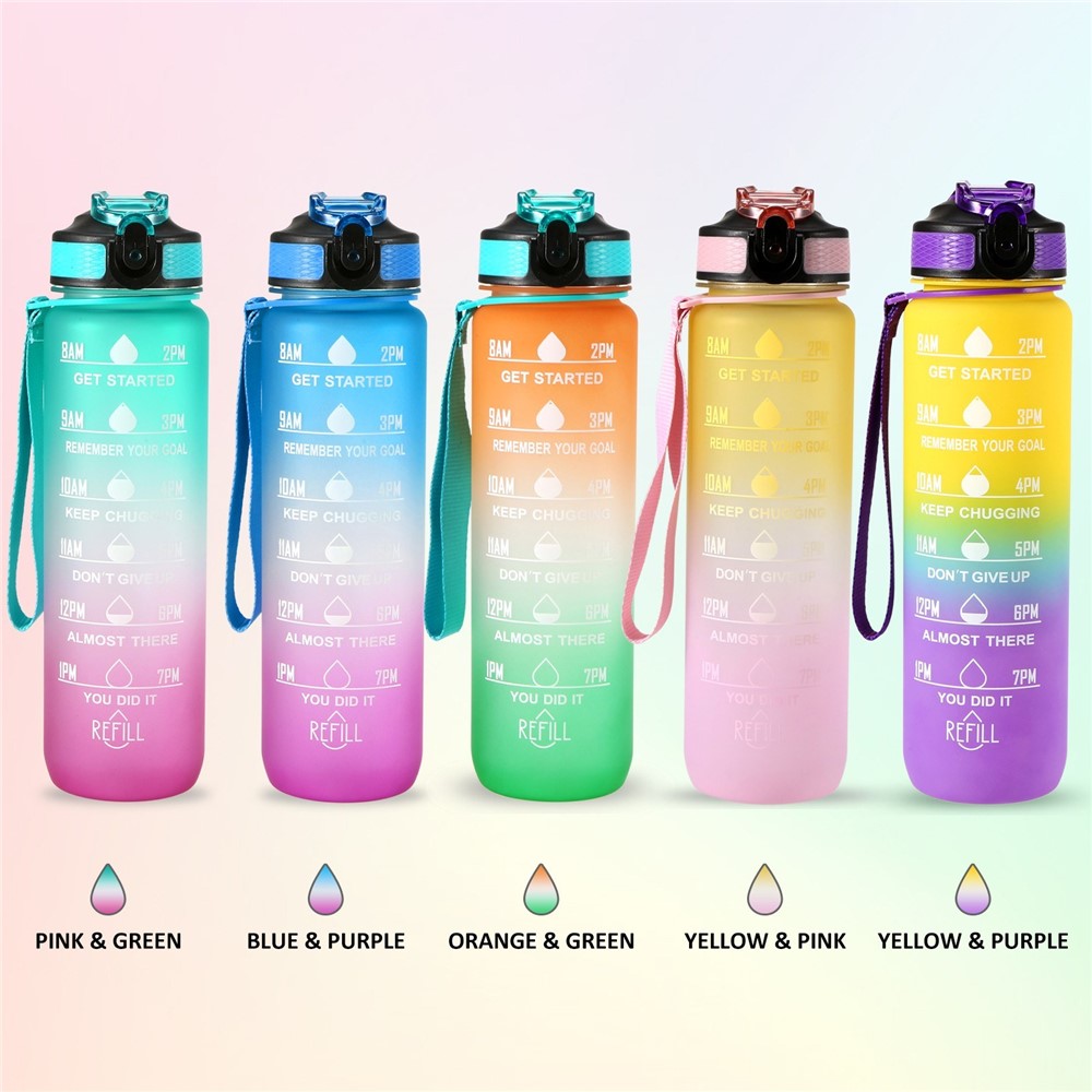 1L Sports Water Bottle with Time Marker Water Jug Leak proof Drinking Kettle for Office School Camping (without FDA Certificate, BPA Free)
