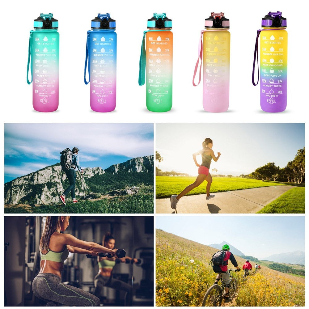 1L Sports Water Bottle with Time Marker Water Jug Leak proof Drinking Kettle for Office School Camping (without FDA Certificate, BPA Free)