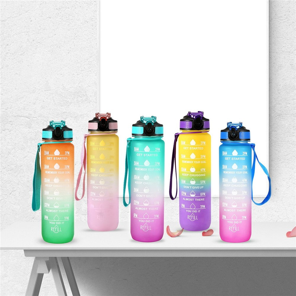 1L Sports Water Bottle with Time Marker Water Jug Leak proof Drinking Kettle for Office School Camping (without FDA Certificate, BPA Free)