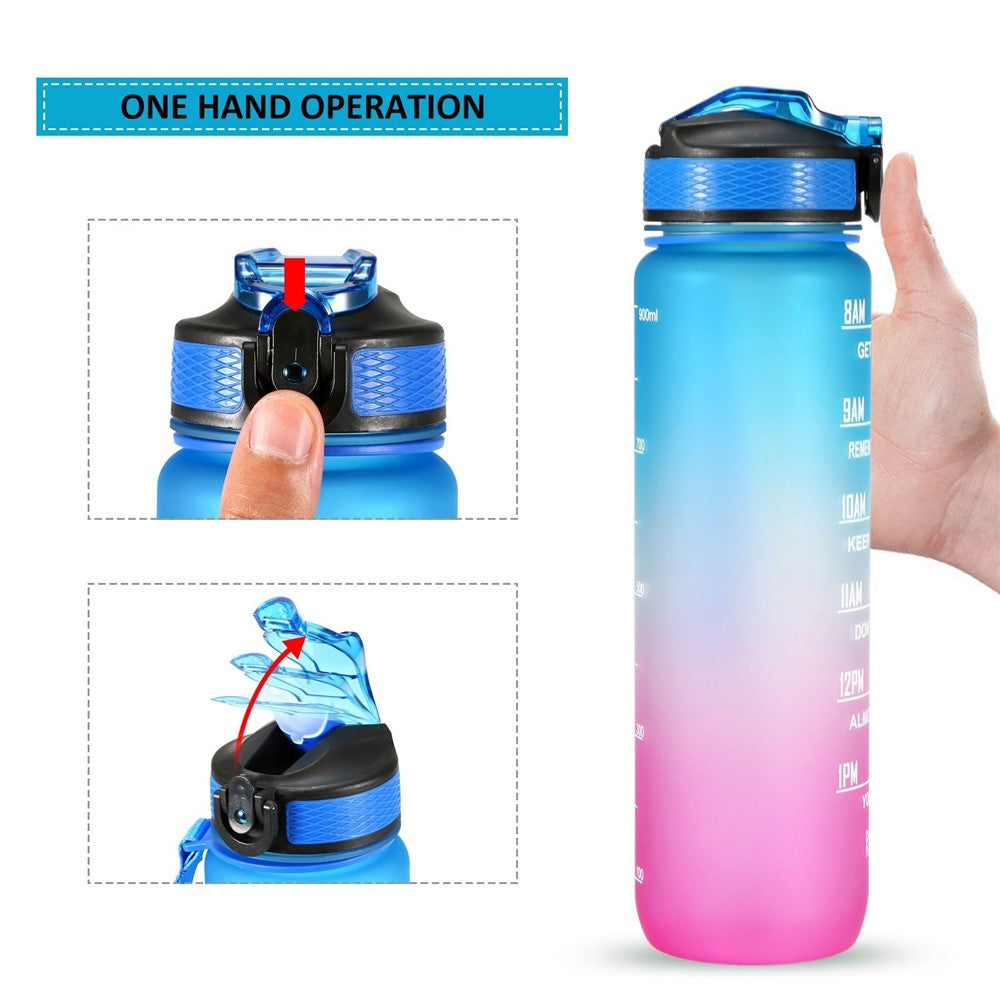 1L Sports Water Bottle with Time Marker Water Jug Leak proof Drinking Kettle for Office School Camping (without FDA Certificate, BPA Free)