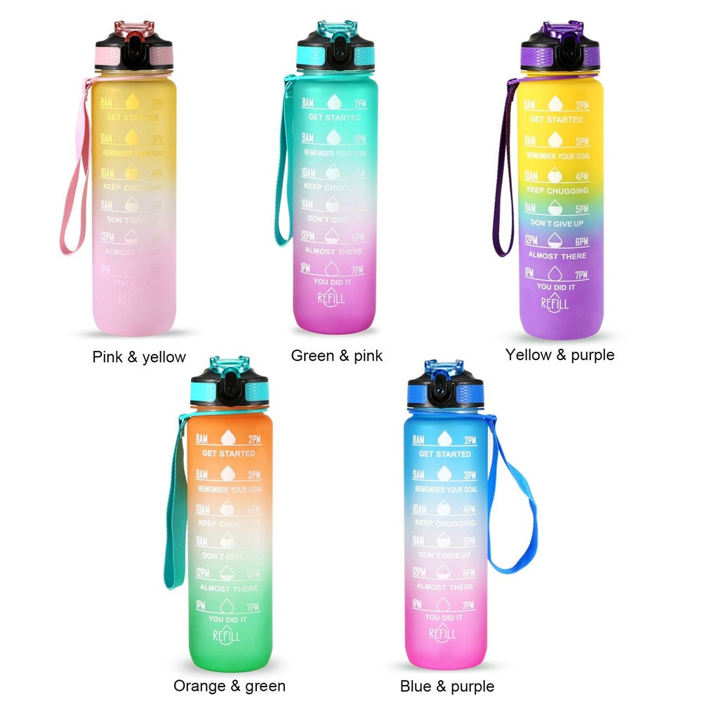 1L Sports Water Bottle with Time Marker Water Jug Leak proof Drinking Kettle for Office School Camping (without FDA Certificate, BPA Free)