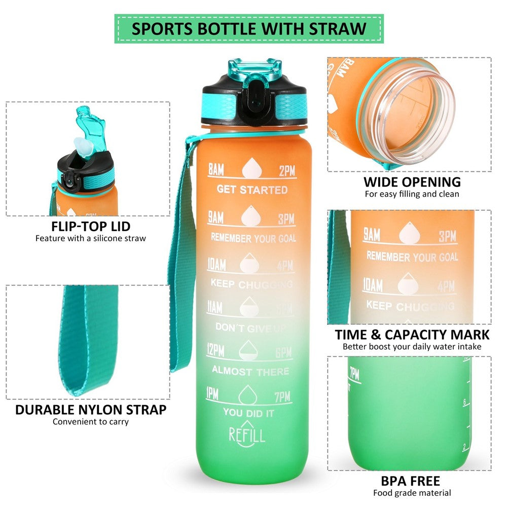 1L Sports Water Bottle with Time Marker Water Jug Leak proof Drinking Kettle for Office School Camping (without FDA Certificate, BPA Free)
