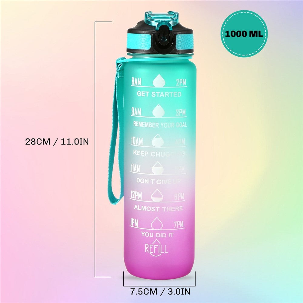 1L Sports Water Bottle with Time Marker Water Jug Leak proof Drinking Kettle for Office School Camping (without FDA Certificate, BPA Free)