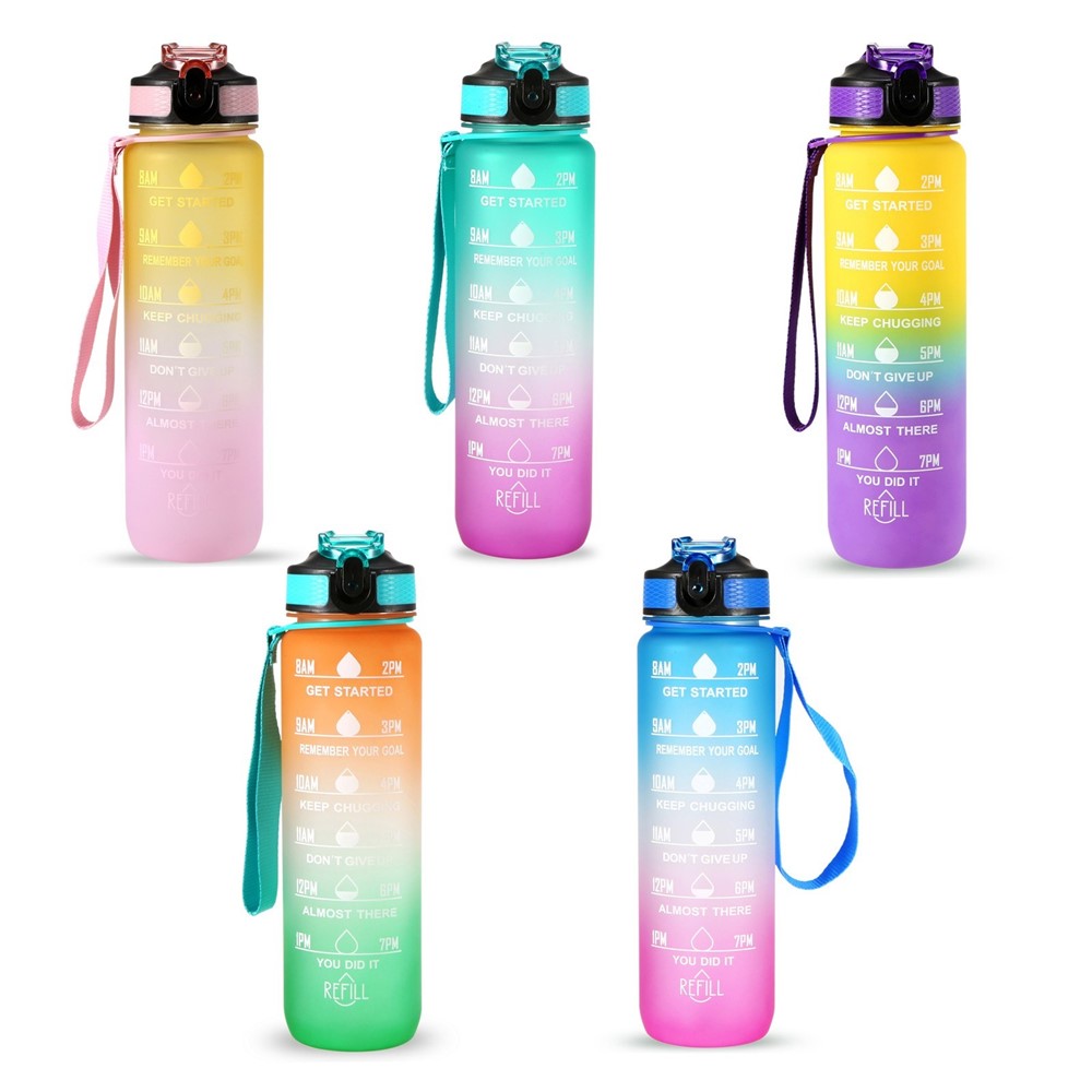 1L Sports Water Bottle with Time Marker Water Jug Leak proof Drinking Kettle for Office School Camping (without FDA Certificate, BPA Free)