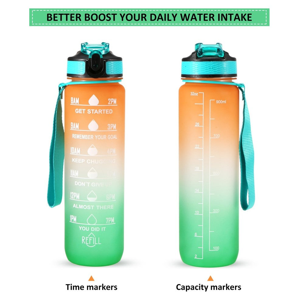 1L Sports Water Bottle with Time Marker Water Jug Leak proof Drinking Kettle for Office School Camping (without FDA Certificate, BPA Free)