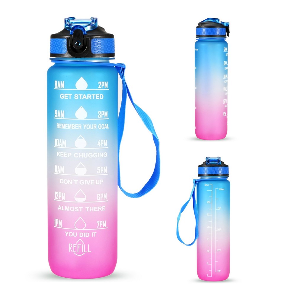 1L Sports Water Bottle with Time Marker Water Jug Leak proof Drinking Kettle for Office School Camping (without FDA Certificate, BPA Free)