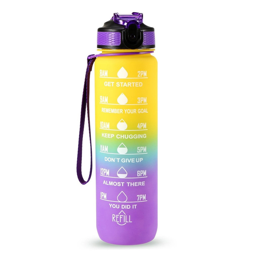 1L Sports Water Bottle with Time Marker Water Jug Leak proof Drinking Kettle for Office School Camping (without FDA Certificate, BPA Free)